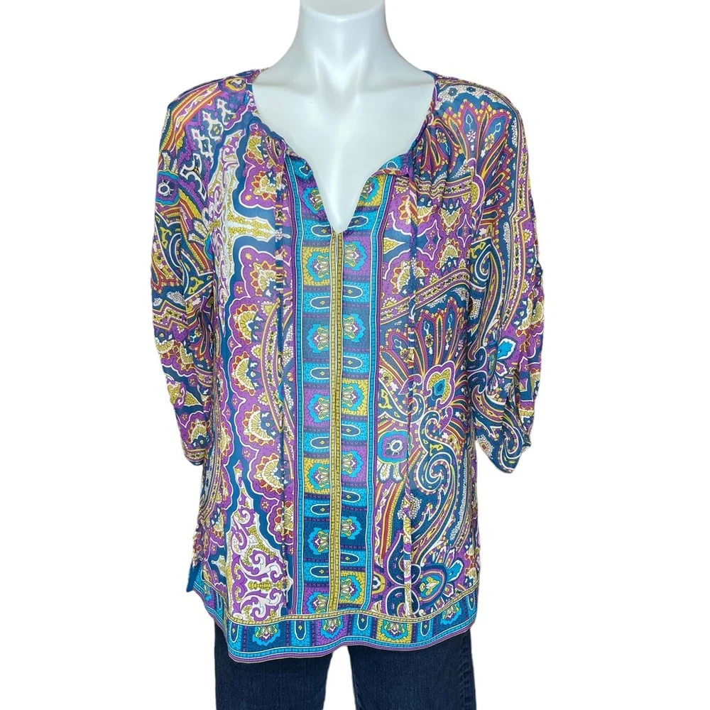 3/$20 NICOLE BY NICOLE MILLER Blouse Paisley Mandala Print 3/4 Sleeve Top Medium